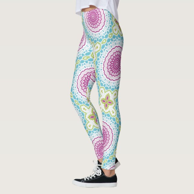 Magenta Blått och Grönt Mandalamönster Leggings (Vänster)