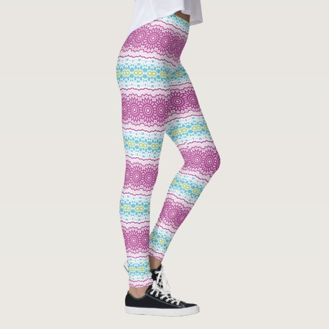 Magenta Blått och Grönt Mandalamönster Leggings (Höger)