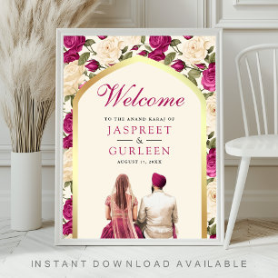 Magenta blommig Anand Karaj bröllops välkomstskylt Poster