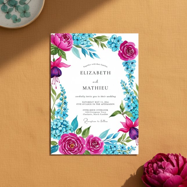 Magenta Blommig Penseldrag Romantisk Bröllop Inbjudningar (Skapare uppladdad)