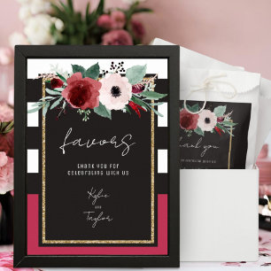 Magenta Blommig Svart Vit Rand Bröllopspresent Poster