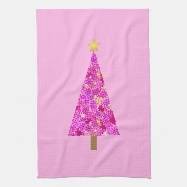Magenta blommigt, modern Julgran Kökshandduk (Vertikal)