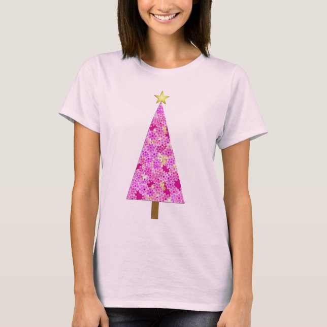 Magenta blommigt, modern Julgran T Shirt (Framsida)