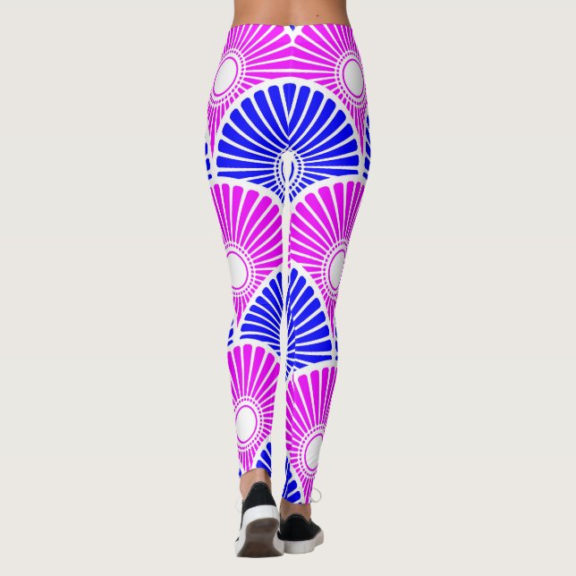 Magenta Blue Chinese Semi Circle Wave Mönster Leggings (Baksida)