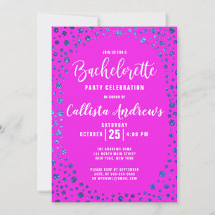 Magenta Blue Glitter Confetti Gräns Bachelorette Inbjudningar
