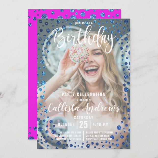 Magenta Blue Glitter Confetti Photo Birthday Inbjudningar (Fram/baksida)
