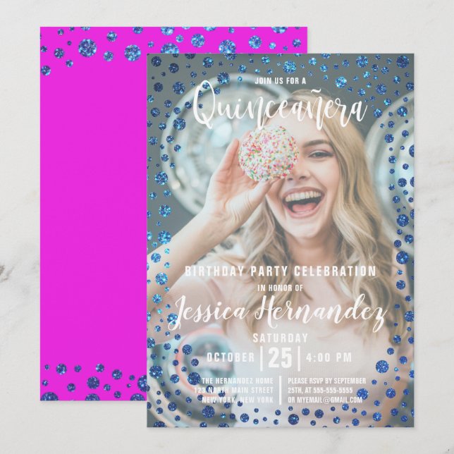 Magenta Blue Glitter Confetti Photo Quinceañera Inbjudningar (Fram/baksida)
