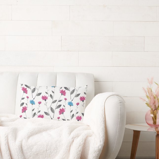 Magenta Blue Watercolor Daisy Mönster Lumbarkudde (Soffa)