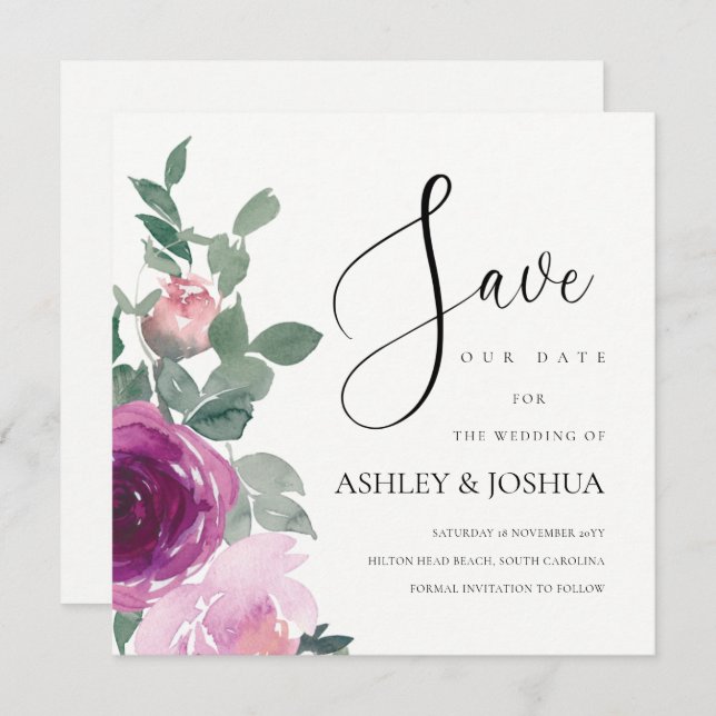 Magenta Blush Pink Floral Over Ivory Save The Date Inbjudningar (Fram/baksida)