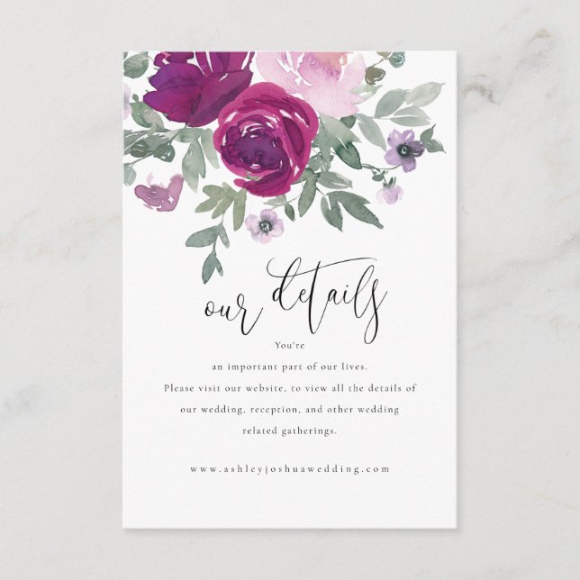 Magenta Blush Pink Floral Wedding Details Tilläggskort (Framsida)