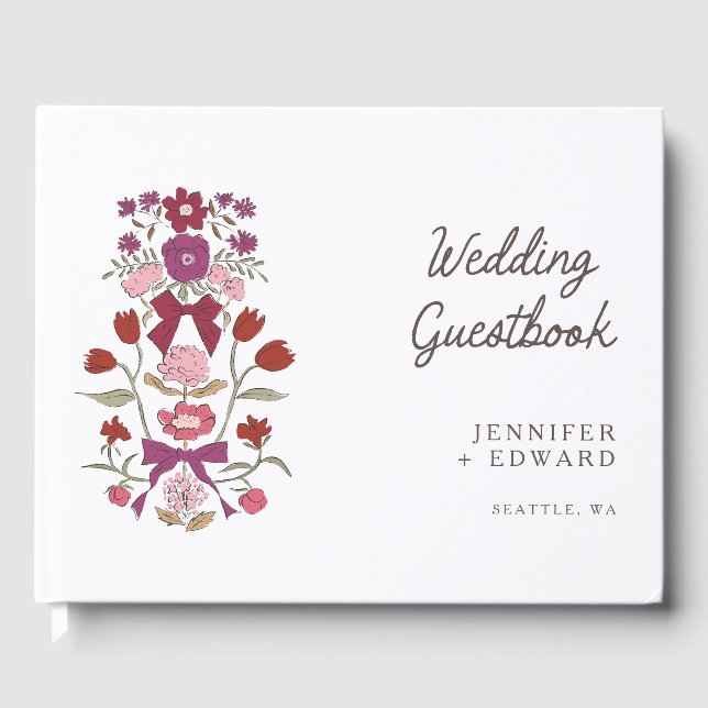 Magenta Bows & Blommars Blommigt Bröllop Gästböcker (Framsida)