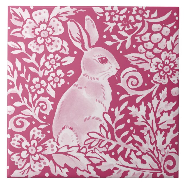 Magenta Bunny Rabbit Woodland Animal Natature Blom Kakelplatta (Framsidan)