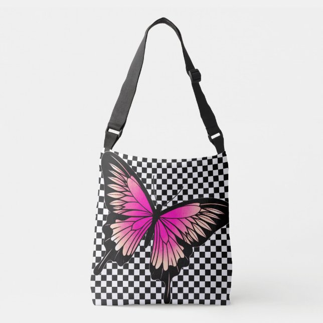 Magenta Butterfly Checker Kor Body Tote Bag Axelväska (Framsida)
