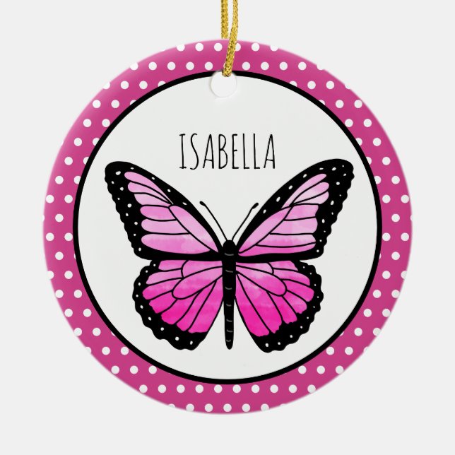 Magenta Butterfly Polka Dot-Personlig Julgransprydnad Keramik (Framsidan)