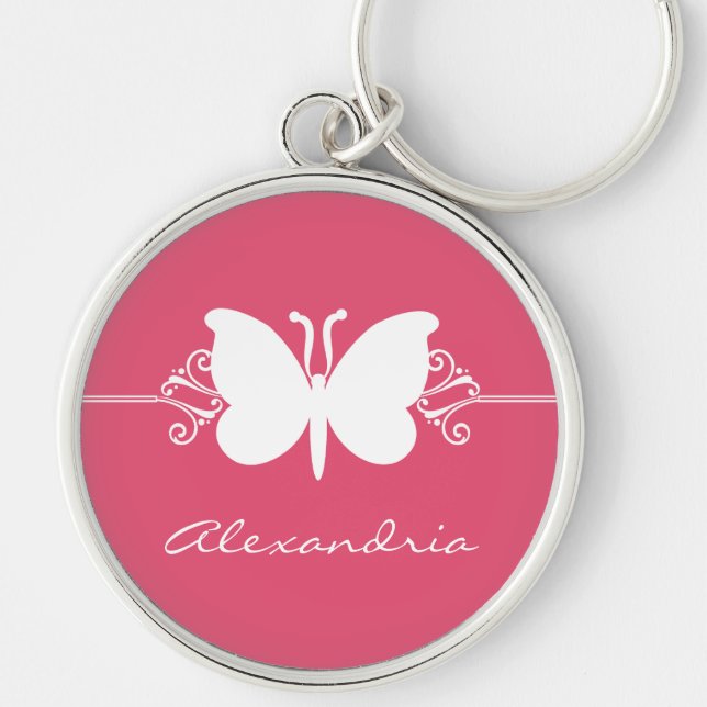Magenta Butterfly Swirls Premium Keychain Rund Silverfärgad Nyckelring (Framsidan)