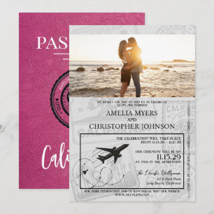 Magenta California Passport Bröllop Inbjudningar