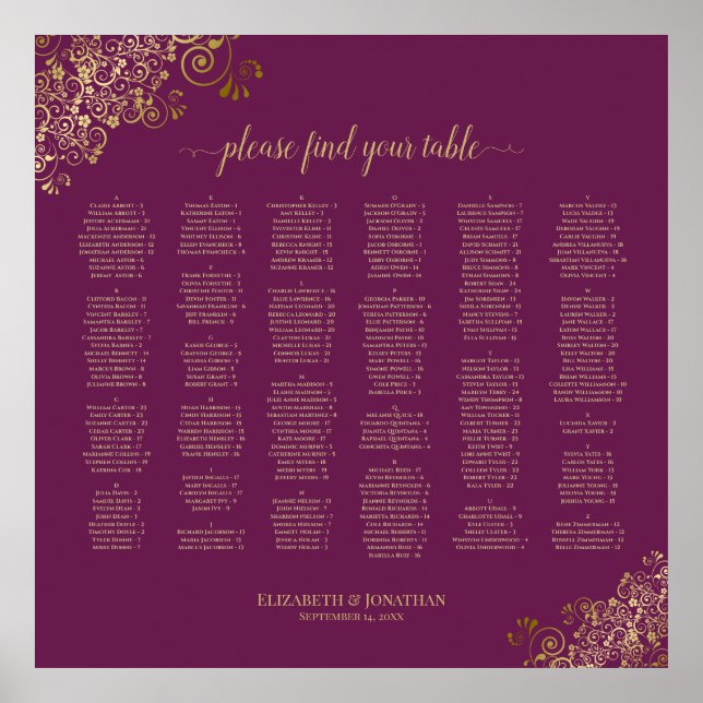 Magenta Cassis & Guld Alfabetiskt sittningsschema Poster (Framsidan)
