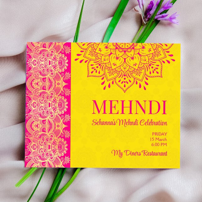 Magenta cerar på gult Mehndi budget inbjudan (Skapare uppladdad)
