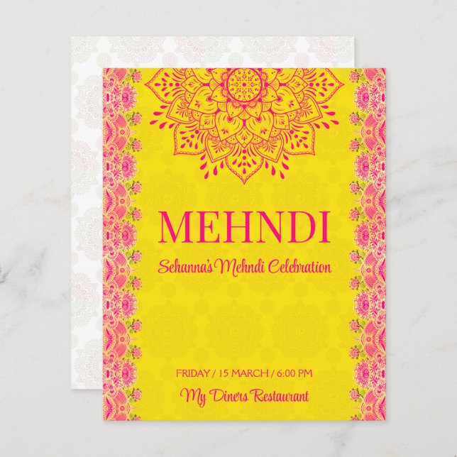 Magenta cerar på gult Mehndi budget inbjudan (Fram/baksida)