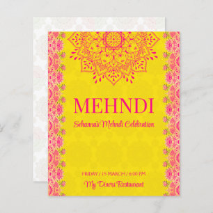 Magenta cerar på gult Mehndi budget inbjudan