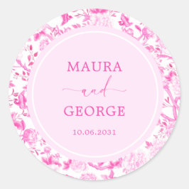 Magenta Chinoiserie Flower Bird Porcelain Bröllop Runt Klistermärke