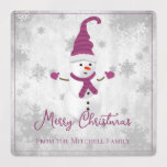 Magenta Cute Snögubbe Helgdag Baking Labels Klistermärke<br><div class="desc">din helgdag med vänner och familj med den här Magentan Cute Snögubbe Helgdag Baking Labels. Etikettdesignen har ett sött snögubbe i en hatt, scarf och handskar som är adorderade med grått och vitt snöflingor mot en grått-grinig bakgrund med ett utrymme som du kan anpassa med ditt eget Julhälsningar och med...</div>