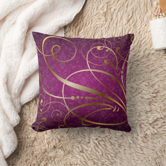 Magenta Damask Guld Swirls blommor Kudde (Filt)