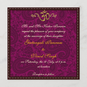 Magenta dammbrocade Hindu bröllop Inbjudningar