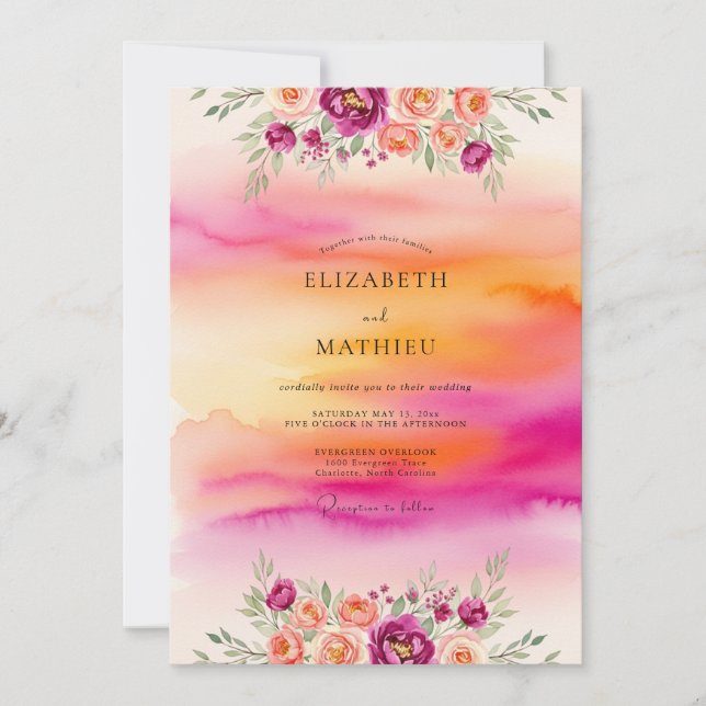 Magenta Dazzling Tropical Sunset Wedding Inbjudningar (Framsida)