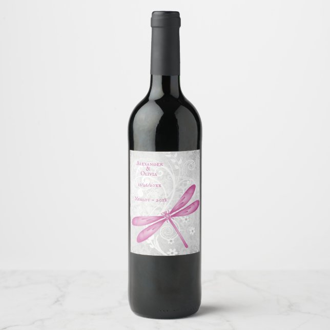 Magenta Dragonfly Bröllop Vin-etikett Vinflaska Etikett (Framsida)