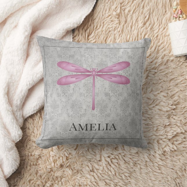 Magenta Dragonfly Damask Dekorativ kudde (Filt)