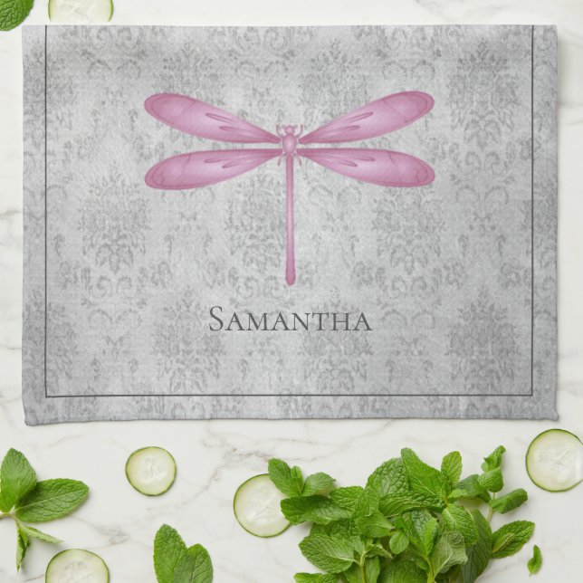 Magenta Dragonfly Damask Kökshandduk (Vikta)