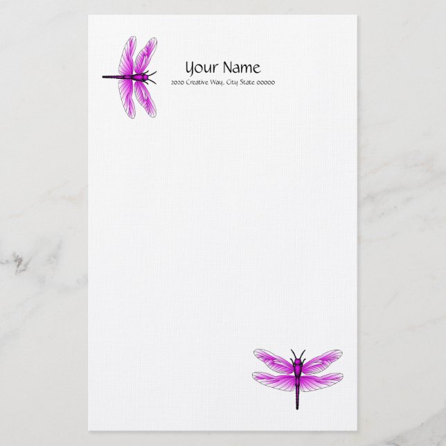 Magenta Dragonfly Linen Stationery Brevpapper (Framsida)