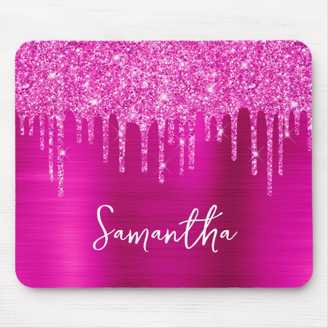 Magenta Droppande Glitter Glam Namn Musmatta (Framsidan)