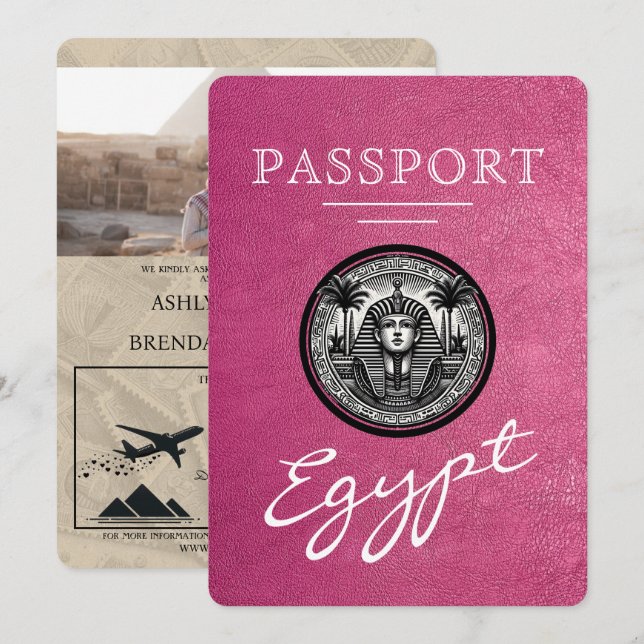 Magenta Egypt Passport Wedding Invitation Inbjudningar (Fram/baksida)