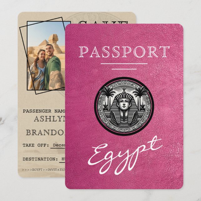 Magenta Egypt Passport Wedding Save the Date Spara Datumet (Fram/baksida)