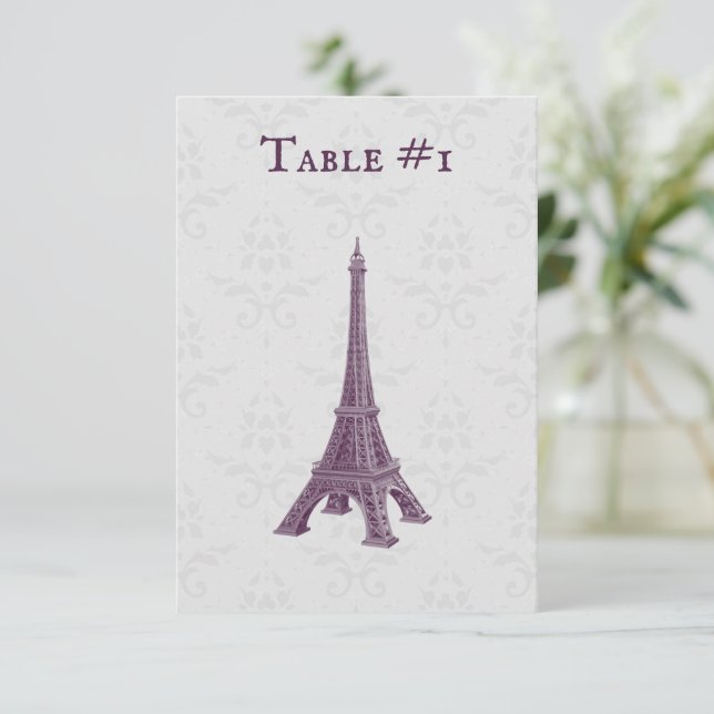 Magenta Eiffel Torn Damask bröllopskort Bord Inbjudningar (Stående Fram)