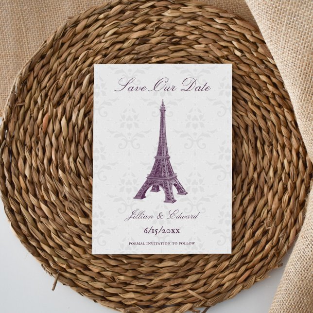 Magenta Eiffel Torn Damask sparar datum Meddelande (Magenta Eiffel Tower Damask Save the Date)