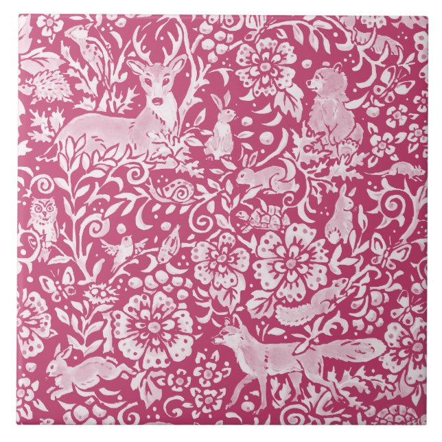 Magenta Fantasy Forest Animal Woodland Natature Kakelplatta (Framsidan)