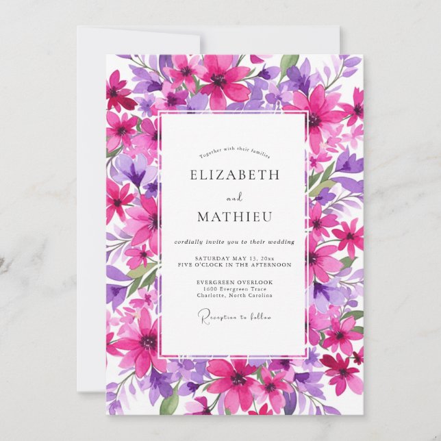 Magenta Floral Artistic Whimsy Wedding Inbjudningar (Framsida)