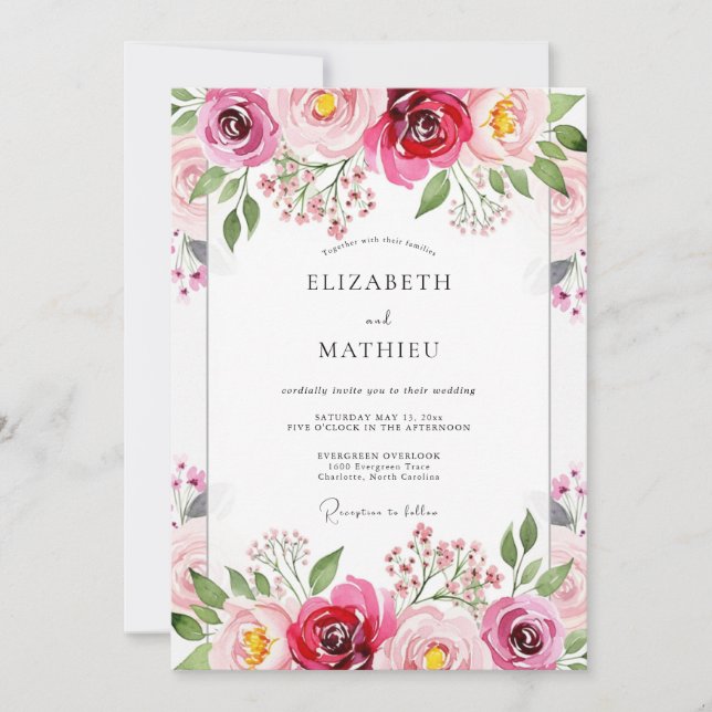 Magenta Floral Brushstroke Wedding Inbjudningar (Framsida)
