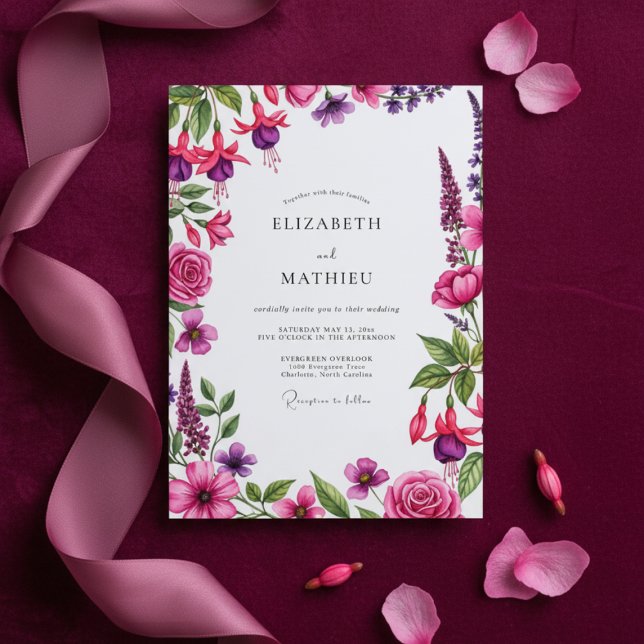 Magenta Floral Flourish Wedding Inbjudningar (Skapare uppladdad)