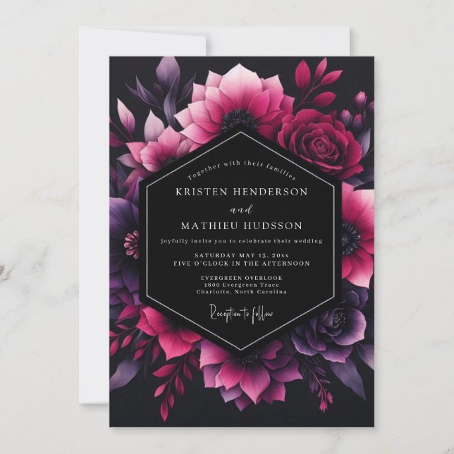 Magenta Floral Nocturne Wedding Inbjudningar (Framsida)