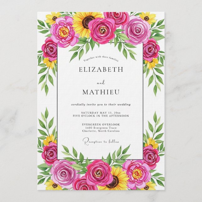 Magenta Floral Whimsy Wedding Inbjudningar (Framsida)