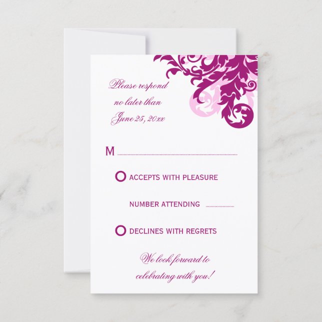 Magenta Flourish Bröllop Svarskort OSA Kort (Baksida)