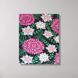 Magenta Flowers on Black Canvastryck