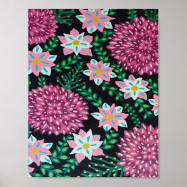 Magenta Flowers on Black Poster