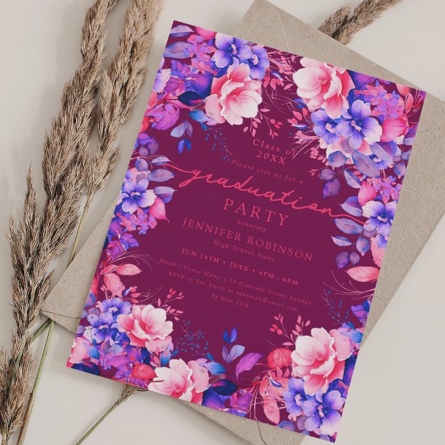 Magenta för Studentfest av Lila Blommigt Inbjudningar (Vibrant Purple Floral Graduation Party Magenta Invitation)