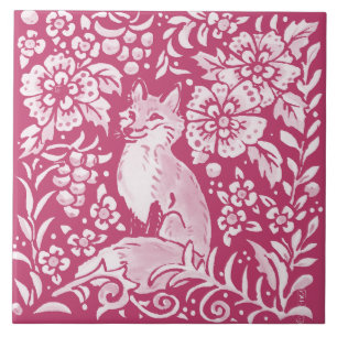 Magenta Fox Animal Nature Woodland Blommigt Kakelplatta