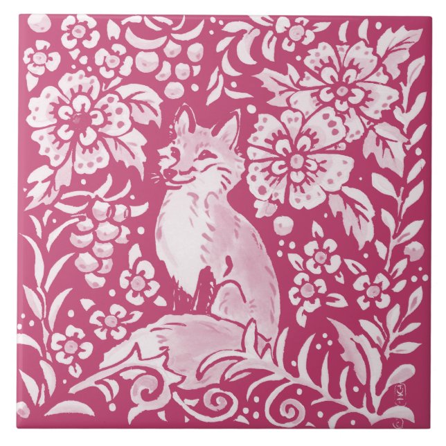 Magenta Fox Animal Nature Woodland Blommigt Kakelplatta (Framsidan)